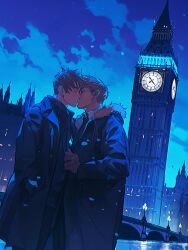 Rule 34 | 2boys, ahoge, america (hetalia), axis powers hetalia, black-framed eyewear, black coat, black necktie, black pants, black shirt, black sweater, blonde hair, blue sky, bridge, brown hair, building, city, closed eyes, cloud, cloudy sky, coat, collared shirt, commentary, cowboy shot, elizabeth tower, en llll, english commentary, european architecture, fur-trimmed coat, fur trim, glasses, hand in pocket, highres, imminent kiss, lamppost, lapels, london, long sleeves, male focus, multiple boys, necktie, night, night sky, ocean, open clothes, open coat, open mouth, outdoors, pants, semi-rimless eyewear, shirt, short hair, sky, standing, sweater, tower, united kingdom (hetalia), white shirt, window, yaoi