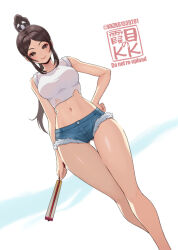 1girl adapted_costume bare_arms bare_legs bare_shoulders breasts brown_eyes brown_hair closed_mouth commentary_request crop_top denim denim_shorts fatal_fury feet_out_of_frame female_focus gluteal_fold hair_ornament hand_fan hand_on_own_hip high_ponytail highres holding holding_fan kkzk61539201 legs light_blush long_hair long_legs looking_at_viewer matching_hair/eyes medium_breasts midriff motoyui navel parted_bangs ponytail shiranui_mai shirt short_shorts shorts sidelocks sleeves_rolled_up smile solo standing straight-on tank_top thigh_gap torn_clothes torn_shirt twitter_username white_shirt white_tank_top