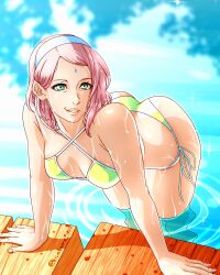 1girl absurdres ass asymmetrical_bangs bare_shoulders bikini boruto:_naruto_next_generations breasts cleavage cloud facial_mark forehead_mark green_bikini green_eyes hairband haruno_sakura highres leaning_forward looking_at_viewer naruto_(series) pink_hair saburo_des short_hair side-tie_bikini_bottom sky small_breasts smile swimsuit twitter_username water wet wet_hair white_hairband