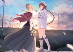 2girls aihara_yukino arms_behind_back beret blonde_hair bouquet braid brown_eyes brown_hair clarice_(idolmaster) closed_eyes copyright_name copyright_notice flower fragments_of_the_idolmaster_cinderella_girls fujimori_shiki hair_bun hat highres holding holding_bouquet idolmaster idolmaster_cinderella_girls long_hair looking_at_viewer multiple_girls official_art power_lines real_world_location shorts sidelocks skirt smile utility_pole very_long_hair wind