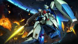 absurdres asteroid battle beam_rifle char&#039;s_counterattack company_name copyright_notice debris earth_(planet) earth_federation_space_forces energy energy_beam energy_gun explosion firing green_eyes gundam gundam_battle_operation_2 highres holding holding_weapon in_orbit machinery mecha mecha_focus motion_blur no_humans official_art painting_(medium) planet re-gz realistic robot scan science_fiction shield solo space sunrise_(company) tenjin_hidetaka thrusters traditional_media weapon zero_gravity