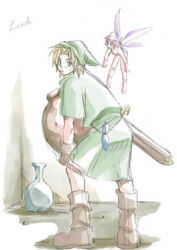 Rule 34 | 1boy, 1girl, bad id, blonde hair, blue eyes, boots, brown footwear, brown gloves, carrying, character name, character request, expressionless, fairy, fairy wings, gloves, green headwear, green tunic, hat, holding, holding jar, indoors, jar, link, looking back, lowres, nintendo, pink boots, pink gloves, pink hair, pink shirt, rendezvous, scabbard, sheath, shirt, short hair, sword, the legend of zelda, tunic, weapon, wings