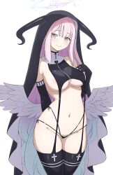 1girl absurdres angel_wings areola_slip arm_behind_back armpit_crease bare_shoulders black_coif black_gloves black_horns black_panties black_thighhighs blue_archive blush breasts closed_mouth commentary cross cross_print daydarion elbow_gloves english_commentary feathered_wings gloves gradient_hair halo highres horns large_breasts long_hair low_wings mika_(blue_archive) multicolored_hair navel nun panties pink_hair pink_halo simple_background smile solo stomach thighhighs thighs underwear white_background white_wings wings yellow_eyes
