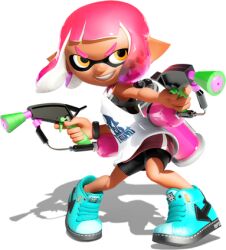 Rule 34 | 1girl, 3d, bare arms, bike shorts, blue shoes, eye mask, full body, gradient hair, grin, holding, holding weapon, ink tank (splatoon), inkling, inkling girl, inkling player character, looking at viewer, lowres, miniskirt, multicolored hair, nintendo, official art, orange eyes, pink hair, red skirt, shoes, short eyebrows, short hair, sidelocks, skirt, smile, sneakers, solo, splat dualies (splatoon), splatoon (series), splatoon 2, spotted hair, standing, suction cups, surume (splatoon), tan, tank top, tentacle hair, thick eyebrows, transparent background, two-tone hair, v-shaped eyebrows, weapon, white tank top