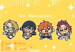 4boys :3 :d ;d ahoge akehoshi_subaru anniversary arm_up ascot bkub black_gloves black_hair black_jacket black_shoes black_shorts blue-framed_eyewear blue_eyes blue_jacket blush_stickers boots brown_hair buttons chibi chibi_only clenched_hands closed_mouth collared_shirt copyright_name copyright_notice countdown dancing dated dot_nose double-breasted double-parted_bangs ensemble_stars! full_body glasses gloves green_eyes grey_pants hair_between_eyes hand_up head_tilt hidaka_hokuto high_ponytail index_finger_raised isara_mao jacket knee_boots lace-up_boots leg_up long_sleeves looking_at_another looking_at_viewer looking_to_the_side male_focus medium_hair multicolored_jacket multicolored_necktie multiple_boys necktie official_art one_eye_closed open_mouth orange_hair outline outstretched_arm pants parted_bangs pointing pointing_down pointing_up polka_dot ponytail purple_necktie raised_eyebrows red_hair red_necktie running shirt shoes short_hair short_sleeves shorts smile sparkle standing standing_on_one_leg star_(symbol) teeth trickstar_(ensemble_stars!) upper_teeth_only v-shaped_eyebrows white_boots white_jacket white_outline white_pants white_shirt yellow_ascot yellow_background yellow_eyes yuuki_makoto_(ensemble_stars!)