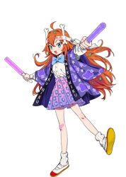 1girl 3am ahoge artist_request bandaid bandaid_on_knee bandaid_on_leg blue_bow blue_bowtie blue_eyes bone_hair_ornament bow bowtie buttons collared_shirt fang_guu glowstick hair_ornament hairband haori holding holding_glowstick japanese_clothes leaf_hair_ornament long_hair long_sleeves official_art open_mouth orange_hair penlight_(glowstick) pink_skirt pleated_skirt purple_haori shadow shirt shoes skirt socks solo virtual_youtuber white_hairband white_shirt white_shoes white_socks