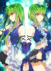 1girl bare_shoulders breasts c.c. code_geass cosplay covered_erect_nipples creayus detached_sleeves dual_persona final_fantasy final_fantasy_x final_fantasy_x-2 green_hair holding_hands lenne_(cosplay) lenne_(ff10) long_hair looking_at_viewer midriff navel pleated_skirt short_hair skirt yellow_eyes yuna_(ff10) yuna_(ff10)_(cosplay)