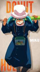 1girl aqua_eyes aqua_hair baseball_bat blue_coat buttons candy character_name coat container donut_hole_(vocaloid) food hat hatsune_miku highres holding holding_baseball_bat looking_at_viewer neko_miya shaded_face short_twintails sidelocks signature smile solo song_name top_hat twintails vocaloid white_hat