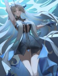 1girl arm_up black_dress blonde_hair blue_eyes blue_hair blue_hands breasts center_opening colored_inner_hair cowboy_shot crown_of_thorns dress fleurdelys_(wuthering_waves) hair_spread_out i_a_n large_breasts long_hair looking_at_viewer multicolored_hair parted_lips pointy_ears sketch solo tabard very_long_hair white_tabard wuthering_waves