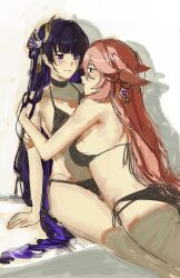 bra d_ying5022 genshin_impact hair_ornament highres hug long_hair panties pink_hair purple_eyes purple_hair raiden_shogun simple_background underwear very_long_hair white_background yae_miko yuri