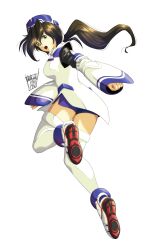 Rule 34 | 1girl, absurdres, black hair, blue hat, clenched hand, commission, commissioner upload, danmakuman, dress, green eyes, gungage, hat, highres, konami, non-web source, ponytail, soles, solo, steyr harquebus, thigh gap, thighhighs, vambraces, white dress, white thighhighs