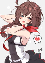 ahoge arm_behind_head black_gloves black_skirt blue_eyes blush braid breasts brown_hair gloves hair_flaps hair_ribbon heart kantai_collection long_hair looking_at_viewer medium_breasts necktie open_mouth pleated_skirt red_necktie red_ribbon ribbon shigure_(kancolle) shigure_kai_san_(kancolle) shirt sideboob signature simple_background single_braid skirt sleeveless sleeveless_shirt sou_(soutennkouchi) spoken_heart