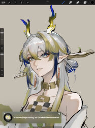 Rule 34 | 1girl, absurdres, arknights, art program in frame, bare shoulders, blonde hair, blue eyes, blue hair, chinese commentary, commentary request, dragon girl, dragon horns, earrings, english text, eyeliner, grey hair, hair between eyes, hair intakes, highres, horns, jewelry, long hair, makeup, multicolored hair, necklace, off shoulder, orange eyeliner, pointy ears, portrait, procreate (medium), shu (arknights), sleepy69 (psycho mode), smile, solo, unfinished