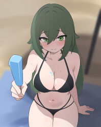 1girl absurdres arm_at_side arutemisu180 bare_arms bare_shoulders beach_towel beach_umbrella bikini black_bikini blurry blurry_background blush breasts cleavage closed_mouth collarbone commentary cowboy_shot day food food_on_body food_on_breasts green_eyes green_hair hair_between_eyes hair_flaps halterneck hand_up highres holding holding_food holding_popsicle incoming_food large_breasts long_bangs long_hair looking_at_viewer mole mole_under_eye multi-strapped_bikini_bottom navel on_ground outdoors outstretched_arm popsicle shade sitting smile solo stomach string_bikini sweat swimsuit towel umbrella venus_(zenless_zone_zero) zenless_zone_zero