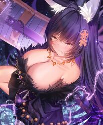 Rule 34 | 1girl, absurdres, animal ear fluff, animal ears, azur lane, bare shoulders, breasts, cleavage, facial mark, fox ears, fox girl, from above, fur-trimmed kimono, fur trim, highres, huge breasts, japanese clothes, jewelry, kimono, long hair, low neckline, magatama, magatama necklace, musashi (azur lane), necklace, o7fian, purple hair, solo, very long hair, whisker markings, yellow eyes