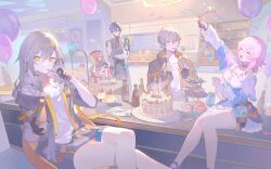 Rule 34 | 2boys, 2girls, absurdres, balloon, bare legs, black gloves, black hair, black jacket, black skirt, blue skirt, bottle, breasts, caelus (honkai: star rail), cake, camera, candle, coat, confetti, crossed legs, dan heng (honkai: star rail), donut, drink, fingerless gloves, food, gloves, grey hair, highres, holding, holding bottle, honkai: star rail, honkai (series), indoors, jacket, long hair, looking at viewer, luzi/fengli nanzi, march 7th (honkai: star rail), march 7th (preservation) (honkai: star rail), medium breasts, multiple boys, multiple girls, pink hair, pom-pom (honkai: star rail), shirt, short hair, sitting, skirt, smile, stelle (honkai: star rail), thigh strap, trailblazer (honkai: star rail), white coat, white shirt, yellow eyes