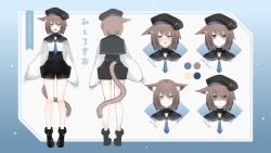 1girl :3 :d @_@ animal_ear_fluff animal_ears ankle_boots bags_under_eyes beret black_boots black_hat black_sailor_collar black_shorts black_undershirt blue_border blue_eyes blue_necktie blush boots border brown_hair cat_ears cat_girl character_name color_guide commentary cropped_shirt fold-over_boots full_body green_eyes hair_between_eyes hashtag hat heterochromia indie_virtual_youtuber long_sleeves michiyo_mao mixed-language_commentary multiple_expressions multiple_views necktie official_art open_mouth puffy_long_sleeves puffy_sleeves ramune_ze reference_sheet sailor_collar school_uniform second-party_source serafuku shaded_face shirt shirt_under_shirt short_hair shorts single_ear_down sleeves_past_wrists smile spanish_commentary standing turnaround turtleneck turtleneck_shirt virtual_youtuber white_background white_serafuku wide_sleeves