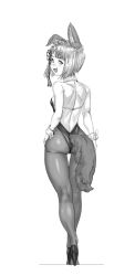 1girl animal_ears ass bare_back dog_ears dog_tail erune full_body granblue_fantasy greyscale highres leotard looking_back monochrome open_mouth pantyhose playboy_bunny short_hair smile solo tail thigh_gap transparent_background vajra_(granblue_fantasy) yggsil