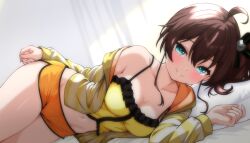 1girl absurdres ahoge bed_sheet blue_eyes blush breasts brown_hair camisole commentary_request cowboy_shot frilled_camisole frills grin hair_between_eyes hair_ornament highres hololive indoors jacket long_sleeves looking_at_viewer lying medium_breasts micro_shorts mu_me0812 natsuiro_matsuri natsuiro_matsuri_(matsuri&#039;s_day_off) navel off_shoulder official_alternate_costume on_side open_clothes open_jacket orange_shorts pillow shorts side_ponytail single_bare_shoulder smile solo striped_clothes striped_jacket virtual_youtuber yellow_camisole yellow_jacket