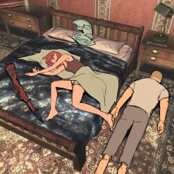 1boy 1girl animal barefoot blanket brown_hair brown_shorts brown_tank_top buzz_cut courier_(fallout:_new_vegas) craig_boone desk_lamp fallout fallout:_new_vegas game_screenshot_background gecko grey_pants grey_shirt gun indoors lamp lying m1_garand milramemo noelle_(milramemo) on_bed on_floor on_stomach pants rifle rug scope screenshot_background shirt short_hair short_sleeves shorts sniper_rifle tank_top twitter_username very_short_hair weapon