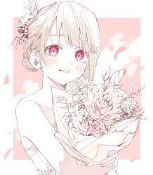 1girl asymmetrical_hair bare_shoulders blush bob_cut border bouquet brown_hair commentary_request crescent crescent_hair_ornament dress flower flower_request hair_bun hair_flower hair_ornament haruruhaharur highres holding holding_bouquet looking_at_viewer love_live! love_live!_nijigasaki_high_school_idol_club nakasu_kasumi outside_border pale_color pink_background red_eyes short_hair smile solo strapless strapless_dress upper_body white_border