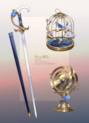 Rule 34 | armillary sphere, artist name, bird, birdcage, blue bird, blue flower, blue rose, cage, chinese commentary, commission, concealed weapon, earth (planet), facebook username, flower, gradient background, grey background, highres, magnolia, no humans, object focus, orange background, original, planet, plurk username, rose, shaiichu, sheath, still life, sword, sword cane, watermark, weapon, white flower