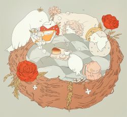1girl backpack bag bed bird blanket cake chick closed_eyes cup donut egg flower food fruit in_nest lemon mail nest original pin rose sleeping steam strawberry teacup tofuvi tray