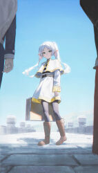 Rule 34 | 1girl, 2boys, absurdres, blue sky, blue tunic, boots, brown boots, capelet, character request, cloak, closed mouth, commentary request, damcheong, earrings, elf, frieren, from below, green eyes, highres, himmel (sousou no frieren), holding, holding suitcase, jewelry, long hair, multiple boys, outdoors, parted bangs, pointy ears, shirt, sky, solo focus, sousou no frieren, standing, striped clothes, striped shirt, suitcase, teardrop earrings, tunic, twintails, white capelet, white hair