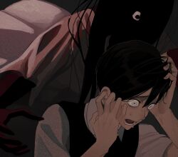 1boy 1girl arm_up black_hair black_sweater_vest brother_and_sister collared_shirt commentary_request face_in_shadow film_grain fingernails hair_over_one_eye hand_on_own_cheek hand_on_own_face hand_on_own_head hand_up highres indoors long_hair lower_teeth_only mari_(faraway)_(omori) mari_(omori) official_alternate_eye_color omori one_eye_covered open_mouth portrait raised_inner_eyebrows scared shirt short_hair shousan_(hno3syo) siblings solo_focus spoilers sunny_(omori) sweat sweater_vest teeth three_quarter_profile tongue upper_body very_short_hair white_eyes white_shirt wide-eyed