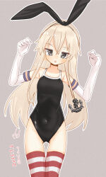 Rule 34 | 1girl, alternate costume, anchor hair ornament, black hairband, black one-piece swimsuit, blonde hair, competition school swimsuit, cowboy shot, dated, elbow gloves, gloves, gluteal fold, grey background, grey eyes, hair ornament, hairband, highres, kantai collection, long hair, mf u c, one-piece swimsuit, school swimsuit, shimakaze (kancolle), simple background, solo, striped clothes, striped thighhighs, swimsuit, thighhighs, w arms, white gloves