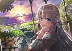 Rule 34 | 1girl, blue eyes, bridge, byougaku, clannad, day, english text, flower, hair flower, hair ornament, hairband, happy birthday, jewelry, long hair, looking at viewer, outdoors, railing, reaching, reaching towards viewer, ring, sakagami tomoyo, sky, smile, solo, sunset, sweater, water, wedding ring, white hair
