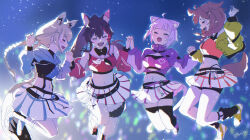 4girls absurdres ahoge animal_ears bike_shorts bike_shorts_under_shorts black_shorts black_socks black_thighhighs blue_hoodie blurry blurry_background braid brown_hair cat_ears cat_girl cat_tail closed_eyes commentary_request cropped_hoodie cropped_jacket cropped_shirt crowd crying dog_ears dog_girl dog_tail double-parted_bangs fox_ears fox_girl fox_tail glowstick hair_between_eyes hair_ornament hairclip highleg highres holding_hands hololive hololive_gamers hood hoodie inugami_korone jacket jumping long_hair loose_socks low_twin_braids messy_hair midriff miniskirt multicolored_hair multiple_girls navel nekomata_okayu official_alternate_costume ookami_mio open_mouth orange_shirt panty_straps partially_unzipped penlight_(glowstick) pentagram pleated_skirt ponytail purple_eyes purple_hair purple_jacket purple_shoes purple_tube_top red_hair red_shirt sailor_collar shirakami_fubuki shirt shoes short_hair shorts sidelocks skirt smile sneakers socks strapless streaked_hair tail tail_around_own_leg thighhighs torokko tube_top twin_braids very_long_hair virtual_youtuber white_hair white_sailor_collar white_shoes white_skirt wolf_ears wolf_girl wolf_tail yellow_jacket yellow_shoes