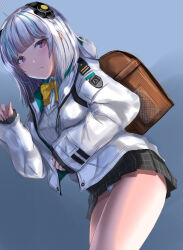 1girl absurdres admi_(nikke) ahoge backpack bag black_skirt blunt_bangs blush bow bowtie brown_bag c-wing closed_mouth collared_shirt cowboy_shot from_side goddess_of_victory:_nikke green_hair green_jacket grey_hair grey_vest hand_up headgear highres hood hood_down hooded_jacket jacket leaning_forward light_frown long_sleeves looking_at_viewer medium_hair multicolored_hair open_clothes open_jacket panties pantyshot pink_eyes plaid_clothes plaid_skirt pleated_skirt randoseru shirt simple_background skirt sleeves_past_wrists standing streaked_hair sweater_vest two-sided_fabric two-sided_jacket underwear vest white_jacket white_panties white_shirt yellow_bow yellow_bowtie