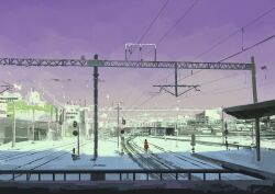 Rule 34 | 1girl, building, dawn, highres, morning, original, overhead line, purple sky, railroad tracks, scenery, shadow, sky, slow d, snow, solo, steel beam, sunlight, traffic light, train station, train station platform, truss, tunnel, utility pole