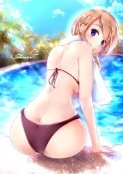 1girl artist_name ass back bare_shoulders bikini blue_eyes blurry blush breasts brown_hair butt_crack character_name day depth_of_field female_focus from_behind highres huge_ass leaning_to_the_side looking_at_viewer looking_back medium_breasts open_mouth original outdoors pool purple_bikini shiny_skin shiori short_hair sitting solo sparkle swimsuit towel