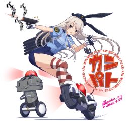 Rule 34 | 1girl, absurdres, alarm siren, alternate costume, anchor hair ornament, blonde hair, blue shirt, blue skirt, breasts, brown eyes, dated, female service cap, full body, gloves, gun, hair ornament, highres, kantai collection, long hair, medium breasts, moke ro, pencil skirt, police, police uniform, policewoman, rensouhou-chan, shimakaze (kancolle), shirt, simple background, skateboard, skirt, striped clothes, striped thighhighs, thighhighs, twitter username, weapon, white background, white gloves