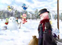 Rule 34 | 6+girls, ahoge, animal ears, armor, bag, bat wings, black armor, black cloak, black coat, black hat, blonde hair, blue dress, blue hair, brown hair, bucket, capelet, cat ears, cat girl, cat tail, cloak, coat, dress, emil chronicle online, eyepatch, ghost girl, ghost tail, green capelet, green hair, green scarf, hat, highres, long hair, multiple girls, nekomata kuro, nekomata kurumi &amp; wakana, nekomata momo, nekomata sora, nekomata yamabuki, pink dress, pink hair, pink scarf, ponytail, red scarf, rope, scarf, shovel, snow, snowman, tail, white dress, wings, yellow dress, yellow scarf, yukuri