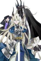 2girls ahoge arknights armor armored_dress artoria_pendragon_(fate) black_dress black_veil blonde_hair card cosplay crown dragon_girl dress necrass_(arknights) excalibur_(fate/stay_night) fate_(series) gauntlets green_eyes holding holding_card holding_sword holding_weapon horns jewelry juliet_sleeves light_smile long_hair long_sleeves morgan_le_fay_(fate) morgan_le_fay_(fate)_(cosplay) multiple_girls paopp9961 puffy_sleeves reed_(arknights) ring saber_(fate) saber_(fate)_(cosplay) serious siblings sidelocks simple_background sisters sword upper_body veil very_long_hair weapon white_background