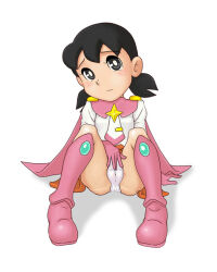 black_hair boots cameltoe cape doraemon loli minamoto_shizuka panties pink_boots pink_cape pussy simple_background spread_legs star_(symbol) superhero_costume twintails underwear white_background white_panties young-gun