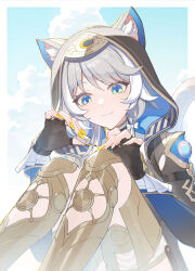 1girl animal_ear_fluff animal_ears animal_hood applying_manicure armored_boots black_gloves blue_eyes blue_sky boots cat_ears cat_girl cat_hood cat_tail cipher_(honkai:_star_rail) commentary fingerless_gloves gloves gold_boots grey_hair highres holding holding_brush holding_makeup_brush honkai:_star_rail honkai_(series) hood knees_up makeup_brush nail_polish_brush rj_(lingshih10) short_hair sky smile solo symbol-only_commentary tail yellow_nails