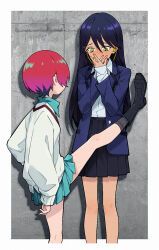 2girls amate_yuzuriha aqua_skirt black_boots black_hair black_skirt black_socks blush boots collared_shirt commentary_request covering_own_mouth cropped_legs foot_kabedon gradient_hair gundam gundam_gquuuuuux highres honi_(ohohoni) implied_pantyshot inset_border jacket kabedon long_hair looking_at_another multicolored_hair multiple_girls nyaan_(gundam_gquuuuuux) open_clothes open_jacket pleated_skirt purple_hair purple_jacket red_hair shirt short_hair skirt socks sweater two-tone_hair white_shirt white_sweater yellow_eyes