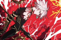 1boy absurdres aqua_eyes armor black_bodysuit bodysuit chest_jewel collar colored_skin ebora electricity eyeshadow fate/grand_order fate_(series) gem hair_between_eyes highres holding holding_polearm holding_weapon karna_(fate) kavacha_(fate) makeup male_focus non-web_source pale_skin parted_lips polearm red_background red_eyeshadow red_gemstone short_hair solo spiked_collar spikes vambraces vasavi_shakti_(fate) weapon white_hair white_skin