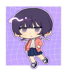 Rule 34 | 0ocharming, 1girl, :&lt;, blue sandals, blue skirt, blunt bangs, blush, chibi, chibi only, collared shirt, commentary, fujii ayame, full body, futsuu no keion-bu, grid background, highres, hood, hood down, hooded jacket, jacket, jitome, multicolored hair, open clothes, open jacket, pink jacket, purple background, purple eyes, purple hair, purple socks, sandals, shirt, skirt, slides, socks, solo, two-tone hair, white shirt, wolf cut