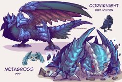 absurdres armor bird corviknight gen_3_pokemon gen_8_pokemon highres lluisabadias metagross monster monster_hunter_(series) nintendo no_humans pokemon pokemon_(creature) red_eyes rock wings