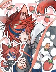 Rule 34 | 1boy, 2025, ahoge, animal ears, blue eyes, blue hair, cat ears, cat tail, chibi, dated, fang, highres, hood, hoodie, long sleeves, male focus, messy hair, open mouth, red background, red hair, simple background, solo, sumino takumi, tail, the hundred line -last defense academy-, tomato, tongue, white background