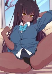 Rule 34 | 1girl, absurdres, black hair, black panties, blue archive, bow, bowtie, breasts, collared shirt, dark-skinned female, dark skin, halo, highres, indoors, karin (blue archive), large breasts, long hair, mekato, panties, purple halo, school uniform, shirt, sitting, slit pupils, solo, spread legs, underwear, very long hair, white shirt, yellow eyes