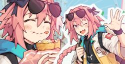Rule 34 | 1boy, :d, :p, :t, astolfo (fate), black bow, black shirt, blush, bow, braid, braided ponytail, closed eyes, closed mouth, crepe, eating, eyewear on head, fang, fate (series), food, hair bow, hair intakes, holding, holding crepe, holding food, jacket, jewelry, kokuya (kokuya28), long hair, looking at viewer, male focus, multicolored jacket, necklace, open clothes, open jacket, open mouth, pink hair, purple eyes, shirt, single braid, skin fang, smile, sunglasses, tongue, tongue out, trap, two-tone jacket, upper body, waving, white jacket, yellow jacket