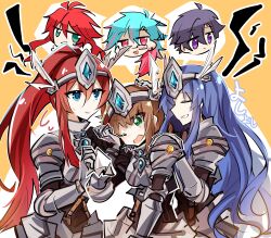 25ocoveryui 2boys 4girls absurdres armor black_hair blue_eyes blue_hair brown_hair closed_eyes crying duvalie eiyuu_densetsu ennea_(sen_no_kiseki) gauntlets green_eyes hair_bun helmet highres holding_tissue ines_(eiyuu_densetsu) long_hair mcburn multicolored_hair multiple_boys multiple_girls pauldrons ponytail purple_eyes rean_schwarzer red_eyes red_hair sen_no_kiseki sen_no_kiseki_(series) sen_no_kiseki_iii sen_no_kiseki_iv shirley_orlando shoulder_armor two-tone_hair winged_helmet