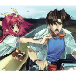 Rule 34 | 1boy, 1girl, album cover redraw, blue shirt, brown eyes, brown hair, car, chopsticks, curtained hair, day, derivative work, driving, feeding, floating hair, food, food art, fujita hiroyuki, hair ribbon, holding, holding bento, holding chopsticks, holding with chopsticks, kamigishi akari, layered shirt, letterboxed, looking at another, motor vehicle, motorcycle, one eye closed, open clothes, open mouth, open shirt, outdoors, outstretched arm, parody, radwimps (band), red eyes, red hair, ribbon, road, shirt, short hair, short sleeves, tako-san wiener, tako3000, to heart, to heart (series), upper body, v-shaped eyebrows, watch, white shirt, wristwatch, yellow ribbon