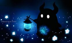 artist_name blank_eyes dark english_text glowing highres holding holding_lantern horns hoshikui lantern night no_humans original shoutarou_(shoutarotttt) silhouette star_(symbol) white_eyes